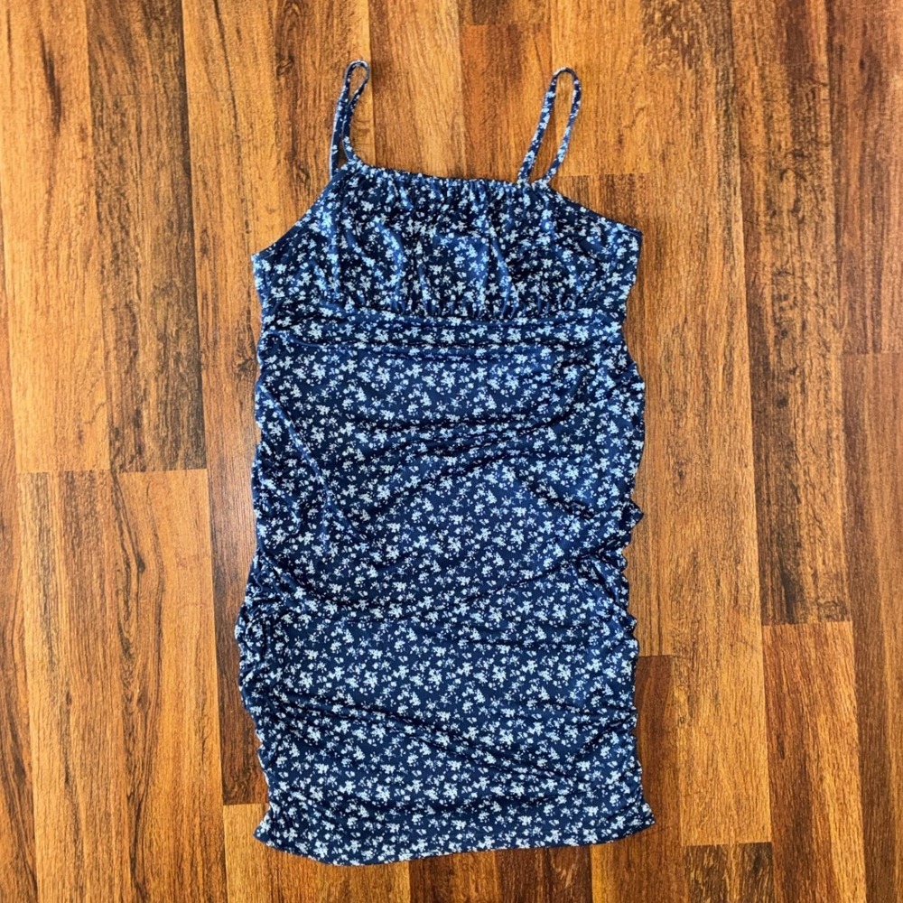 Shein Women Blue White Floral Ruched Bodycon Mini Dress XL Ribbed Spaghetti S